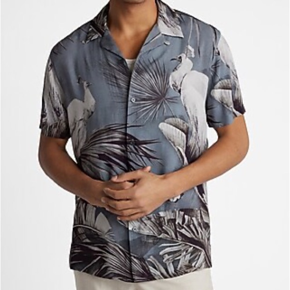 Express Tropical Bird Print Short-Sleeve Shirt